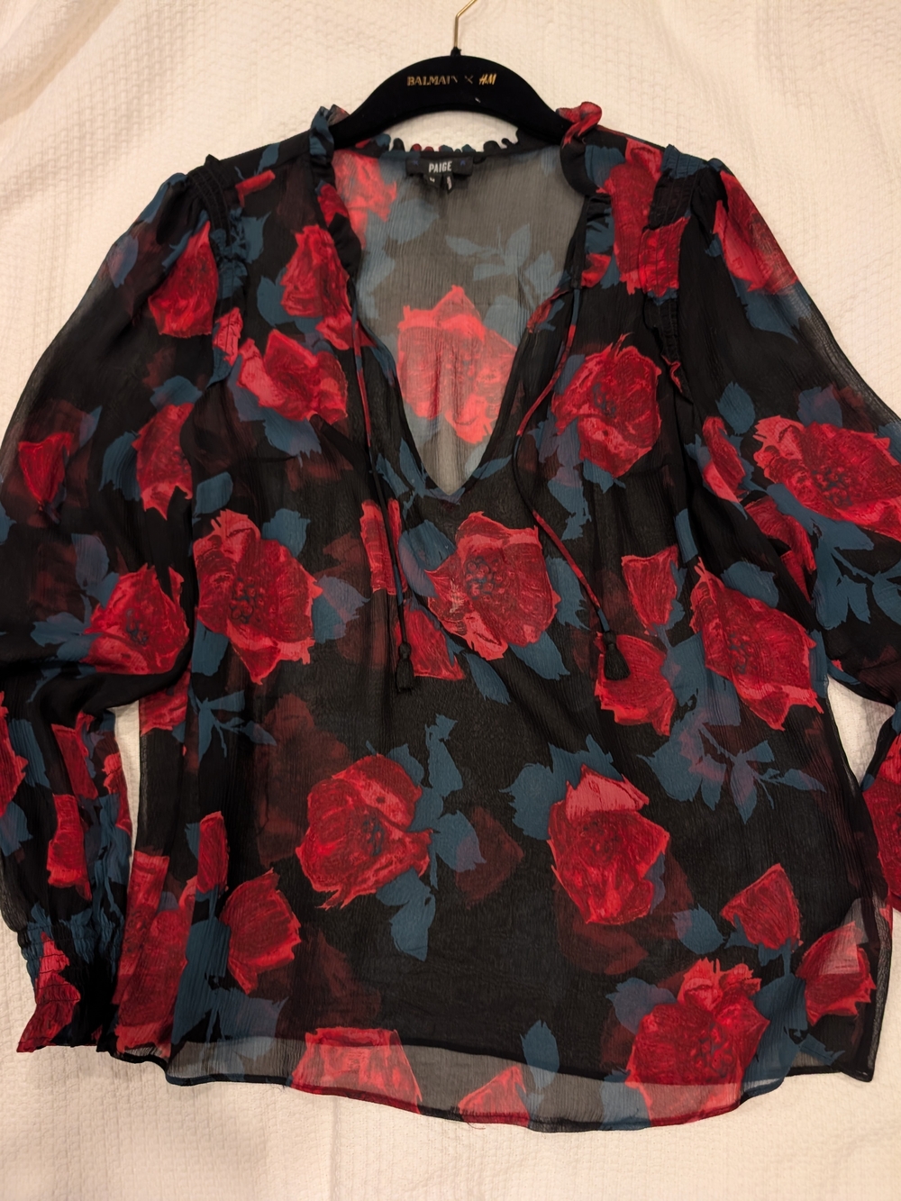 PAIGE Black Sheer Blouse with Red Rose & Blue-Green Leaves